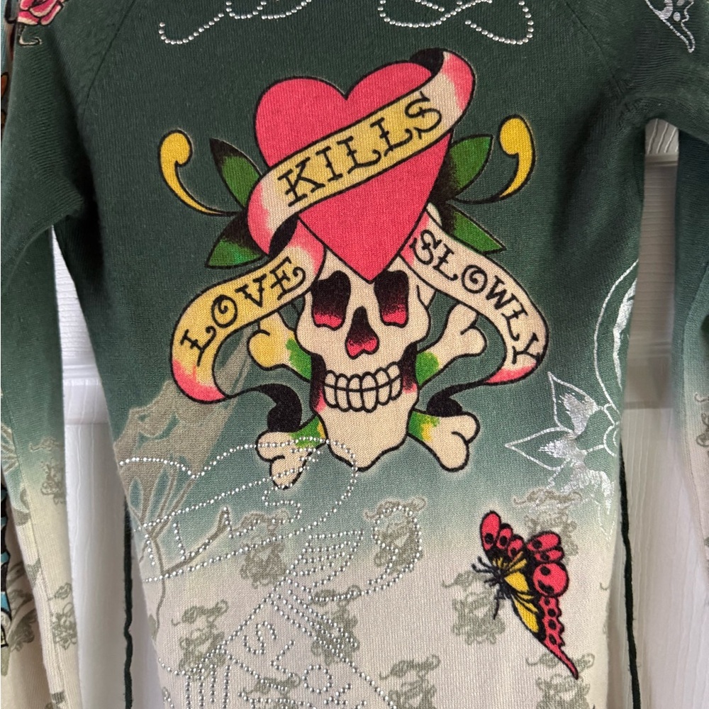 Ed Hardy by Christian Audigier Women's Sweater Butterfly Rhinestone Hood Y2K - Picture 10 of 13